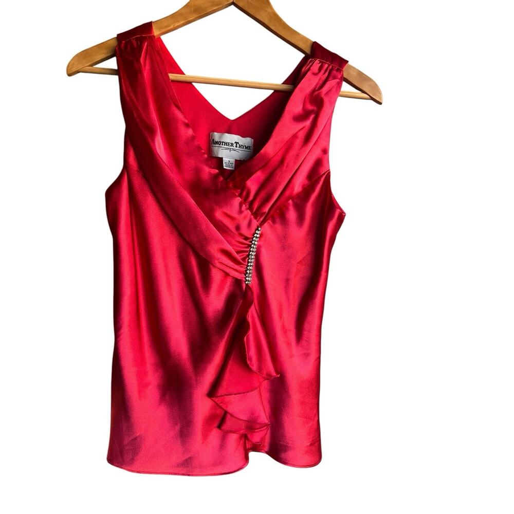 Vtg 90s Another Thyme Womens Top Size S Red Satin V Neck Sexy Cocktail Blouse - Picture 6 of 6